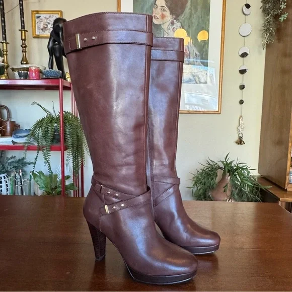 Cole Haan Knee High Boots Brown Leather Nike Air Tall Heeled Boots | Size 7 - Picture 2 of 10